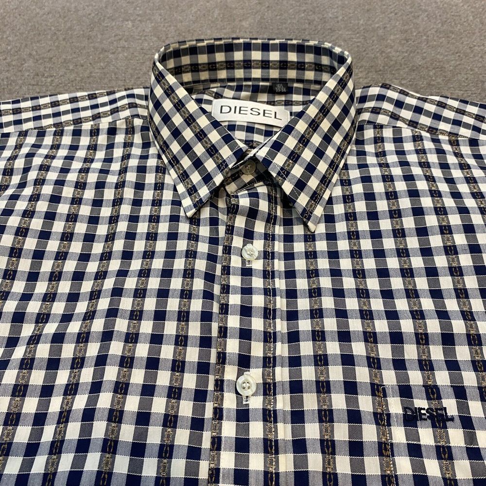 Diesel Shirt Mens Large 16.5 33-34 Knit Plaid Long Sleeve Textured - Picture 2 of 13